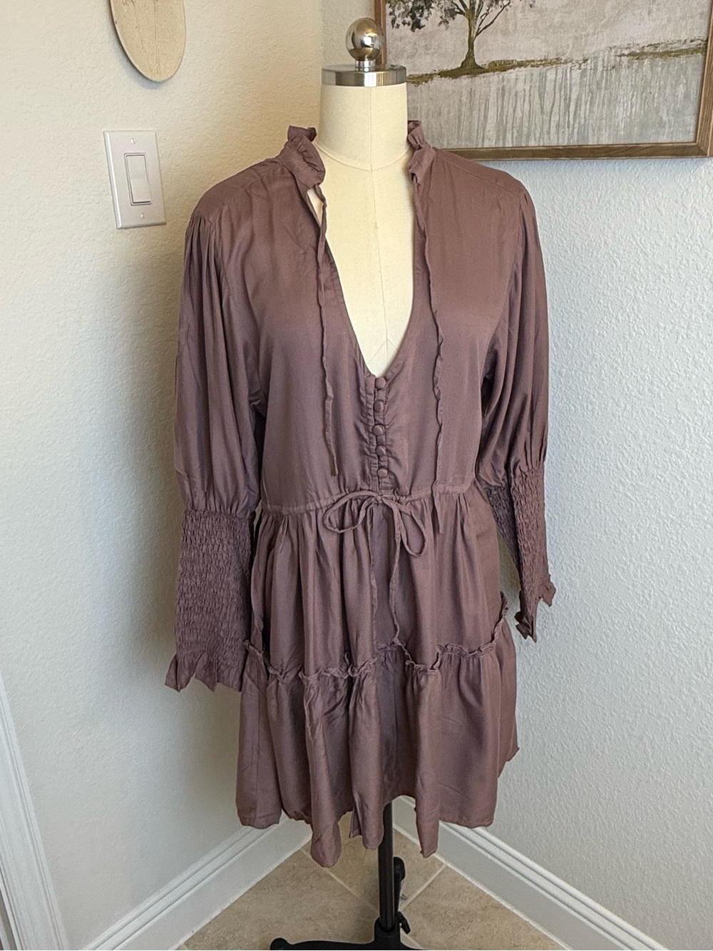 NWT ELF Made by hand Dust Rose Tiered dress with Smocked Cuffs M/L